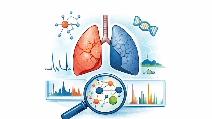 Illustration of lungs, molecular structures, DNA, data charts, and a magnifying glass representing multi-omics biomarker discovery and sarcoidosis research.