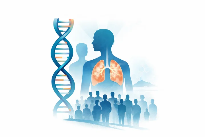 Illustration of a DNA helix, human silhouettes, and highlighted lungs representing population genomics and genetic research in respiratory health.