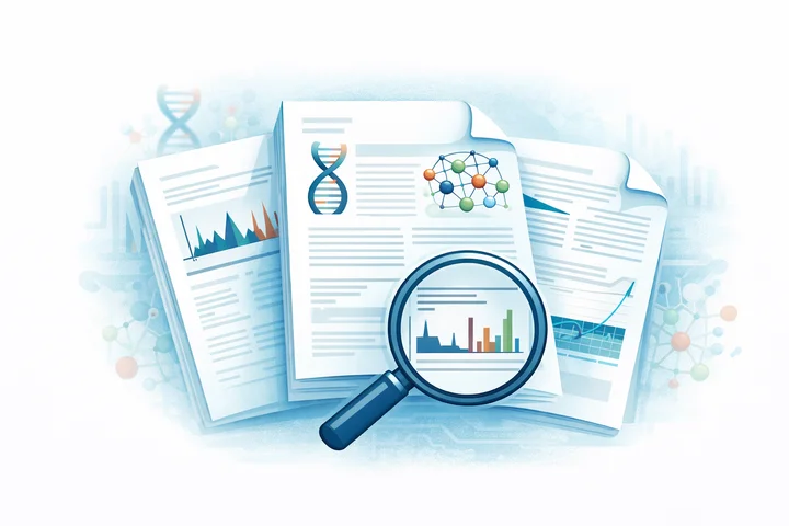 Illustration of research publications with magnifying glass