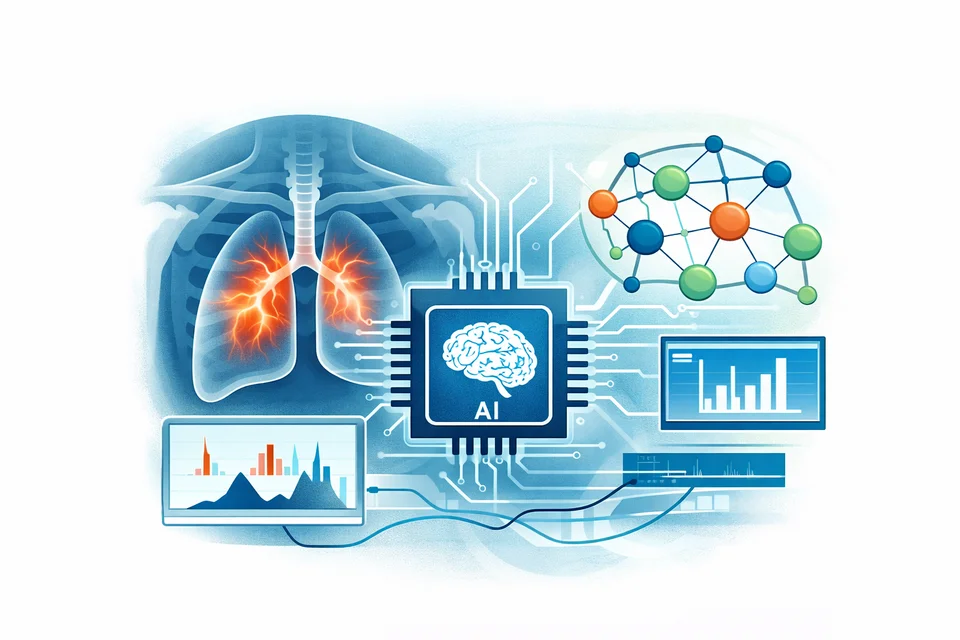 Illustration of lungs, an AI computer chip, molecular networks, and data dashboards representing artificial intelligence integrating respiratory, molecular, and clinical data for disease prediction.